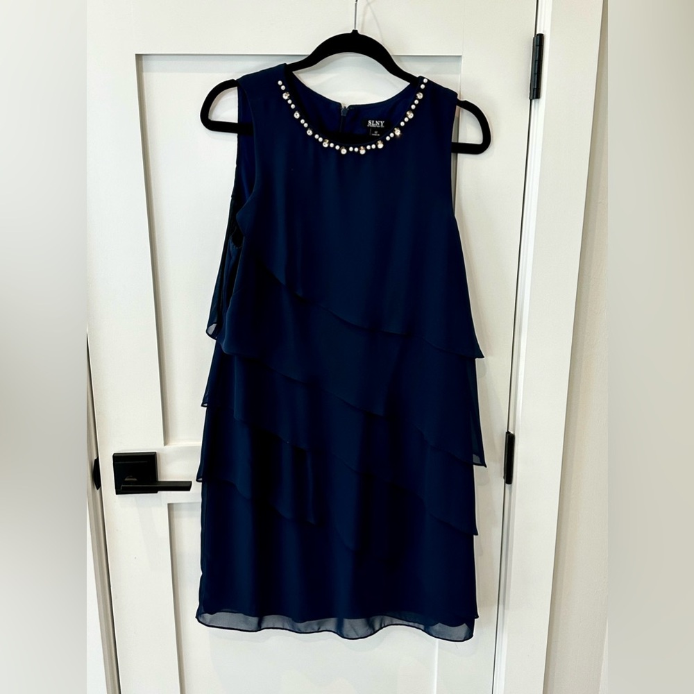 SLNY Women’s Embellished Tiered Dress in Navy Size 12